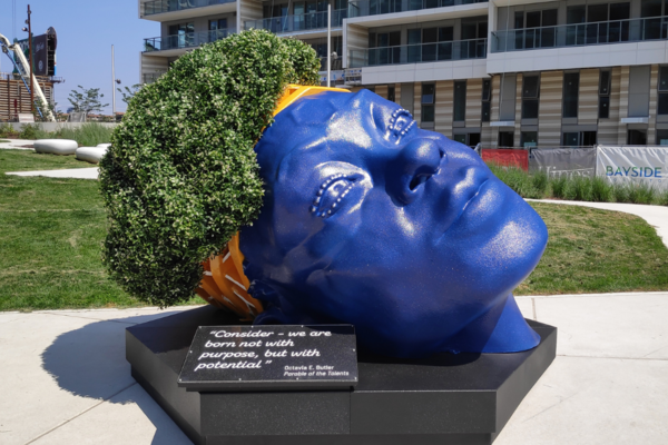 blue public art head sculpture