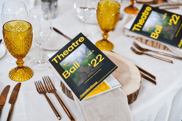Close-up of TheatreBall'22 Brochure on table with cutlery and plate