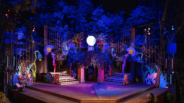 The High Park stage bathed in blue light with plants and trees rising up around it and a moon shining bright overhead.