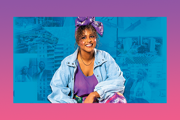 A Black woman with purple shirt and blue jean jacket in front of a blue background