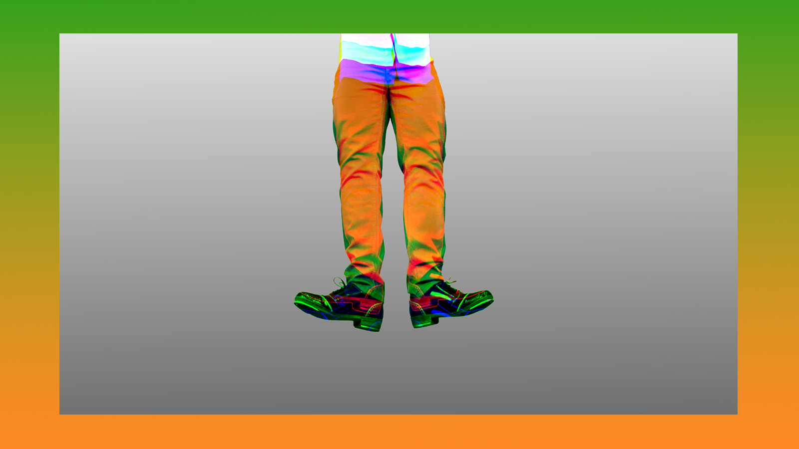 A pair of disembodied legs wearing colourful tap shoes.