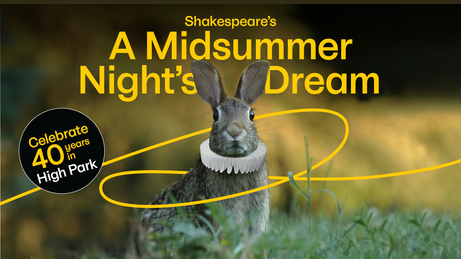A rabbit sitting in a field wearing a Shakespearean collar. Yellow Text. 