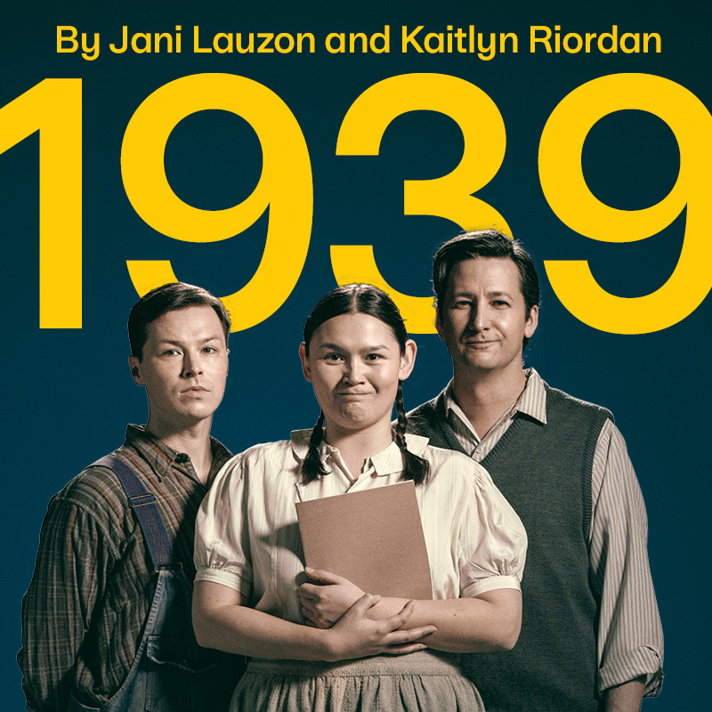 Three people standing looking directly into camera, wearing residential school uniforms from the 1930s. The person in the middle wears two braids with a smirk on her face, holding a thin notebook. Person on the left has short hair, wearing jean overalls on top of a checkered long sleeve collared shirt. Person on the right has short hair and is wearing a striped, collared shirt and knitted vest. Yellow text above reads, 